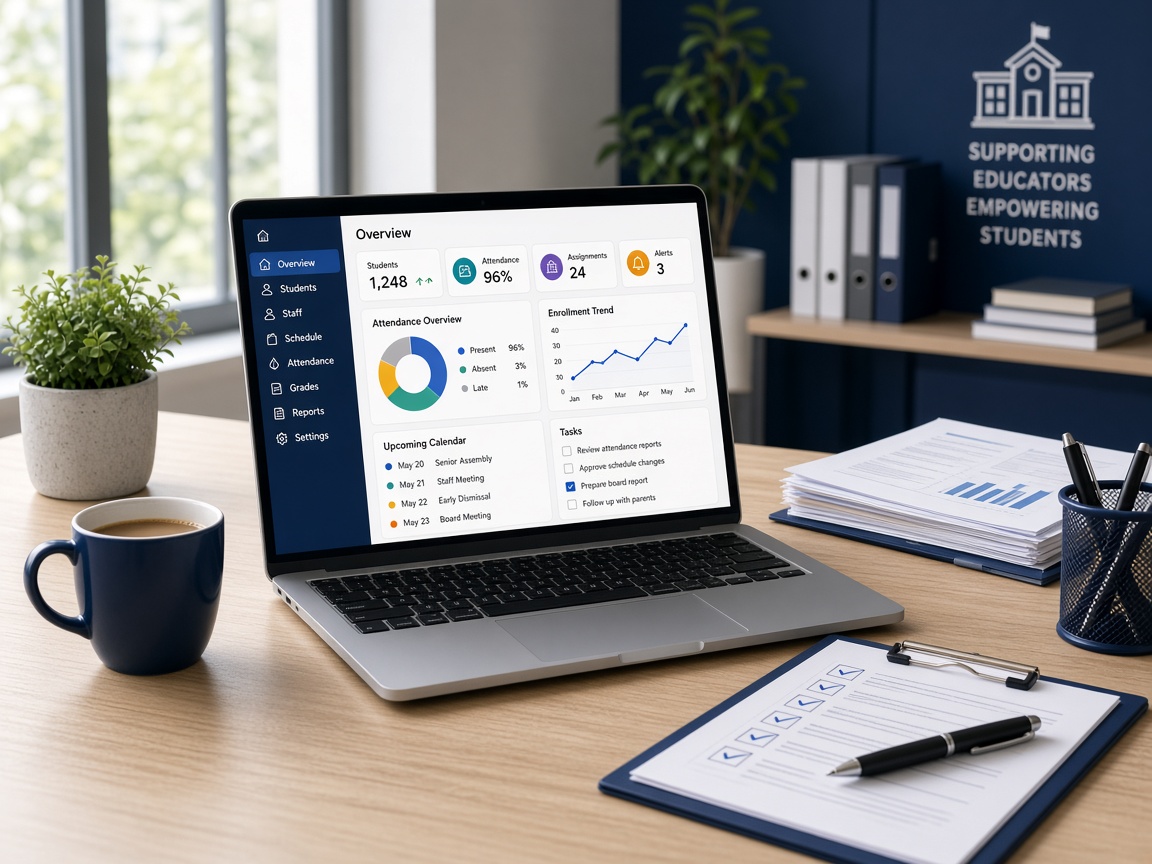 Escritorio de administración escolar con dashboard